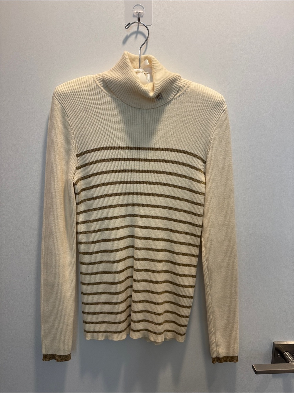 RALPH LAUREN Cream Turtleneck Stripe Knit Sweater